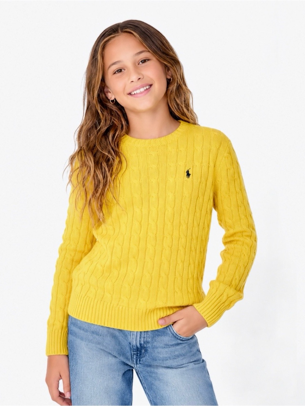 Polo Ralph Lauren Kids Unisex Yellow Cable Knit Cotton Crewneck Sweater M (10-12